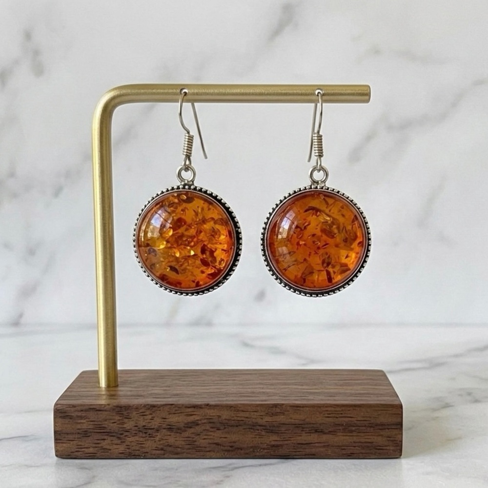 Amber Style Round Drop Earrings Silver Plated Dangle Reconstituted